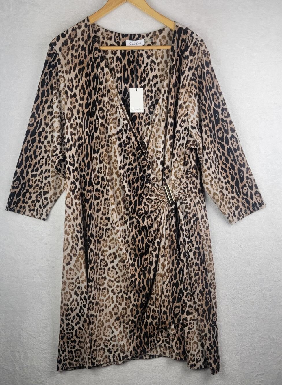 Animal Print Dress Women 1X Knit Faux Wrap 3/4 Sleeve V Neck Knee Evening Date
